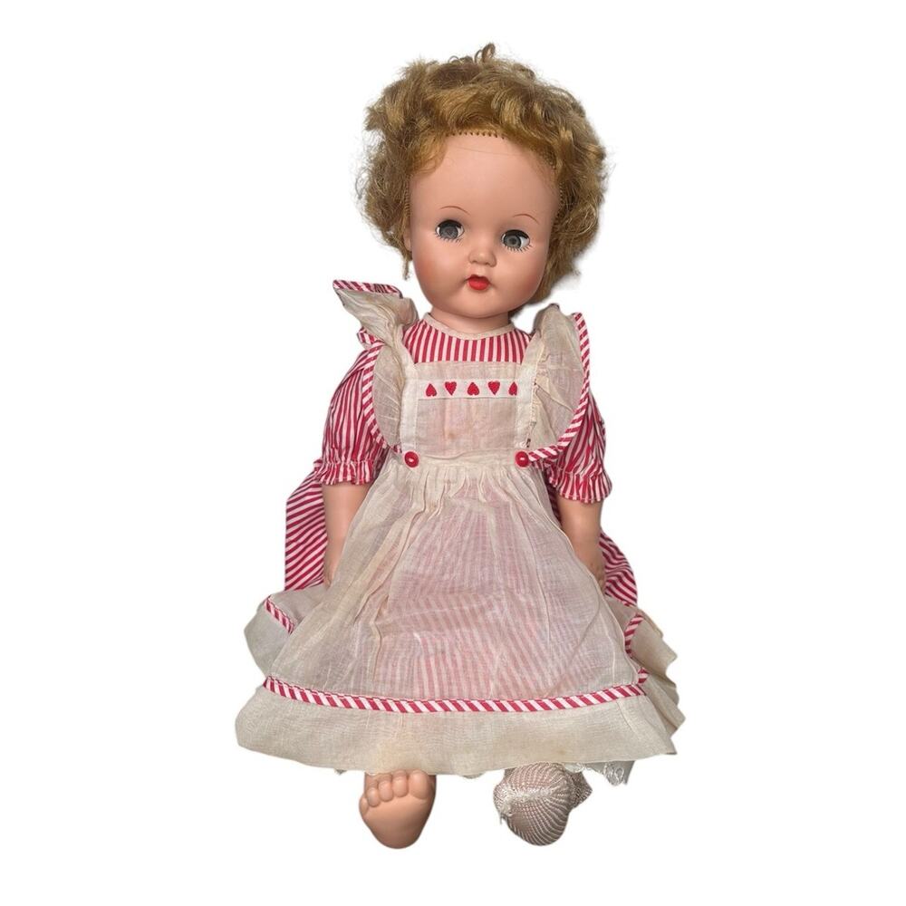 Vtg Sleepy Eyes 23" Girl Doll Short Blonde Curly Hair Red Lips Red White Dress